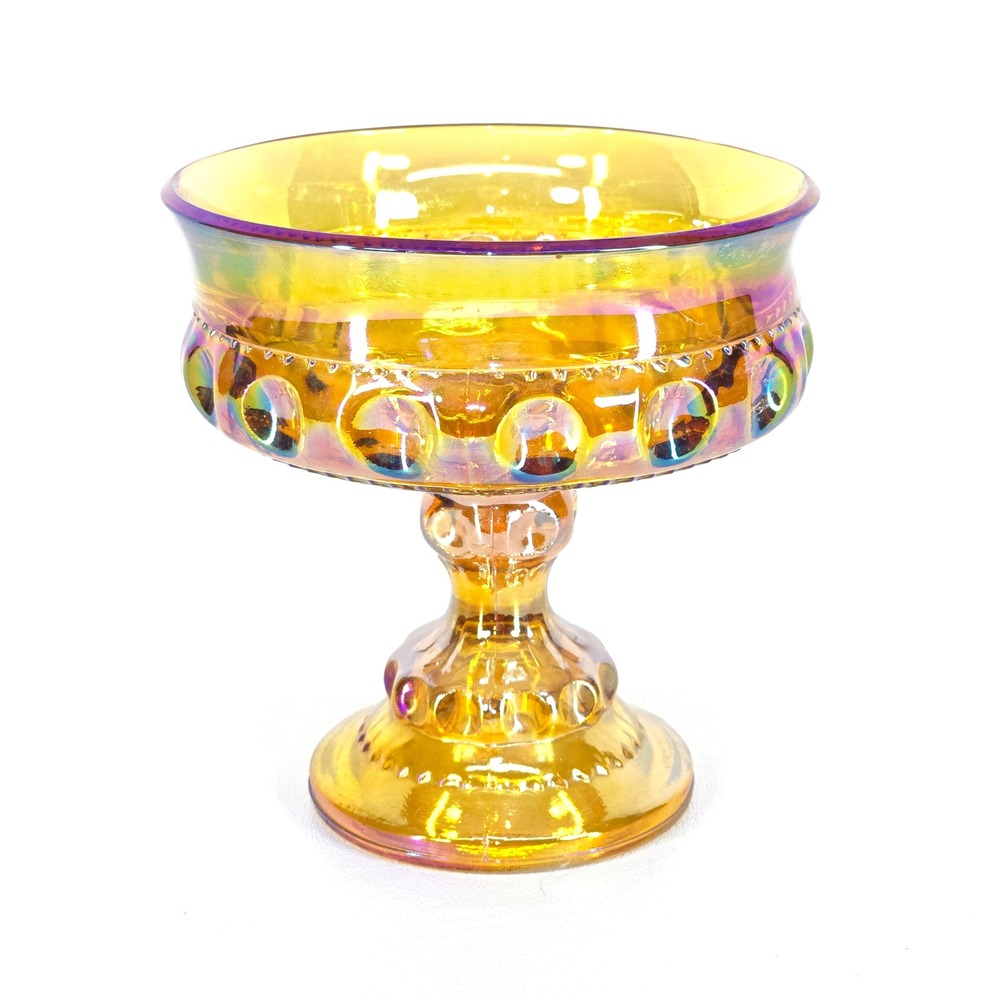 Amber Iridescent Glass‎ Compote Pedestal Dish Vintage Carnival Style Candy Bowl